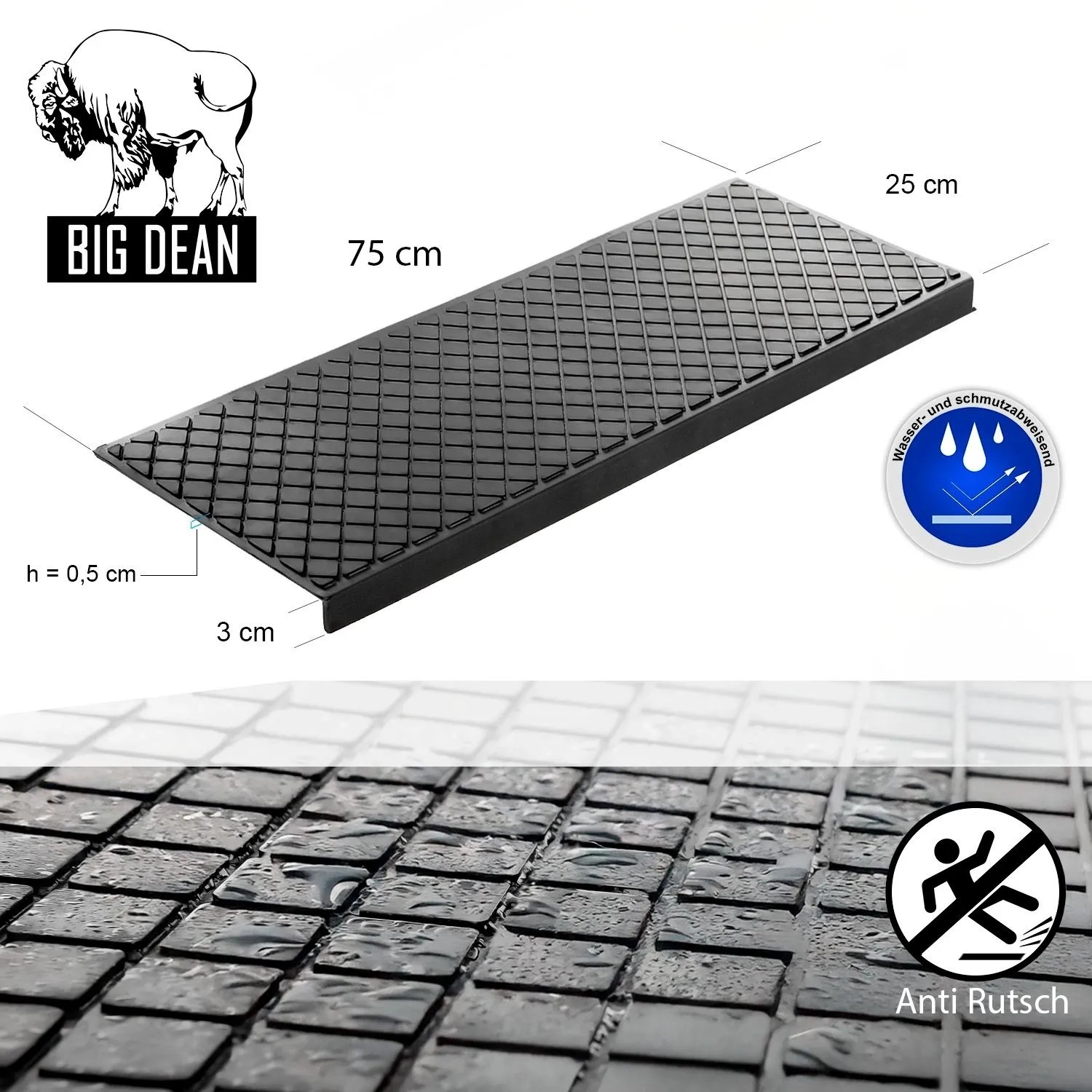 Schwarze BigDean Gummi Stufenmatte 75x25cm mit Karo-Muster. Rutschfeste Treppenmatte für sicheren Halt innen & außen.