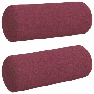 Zwei weinrote zylindrische Bolsterkissen aus Stoff, 15x40 cm, für Komfort und Unterstützung.