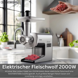 Steinborg SB-7080 Fleischwolf Edelstahl 2 Geschwindigkeitsstufen 2000W