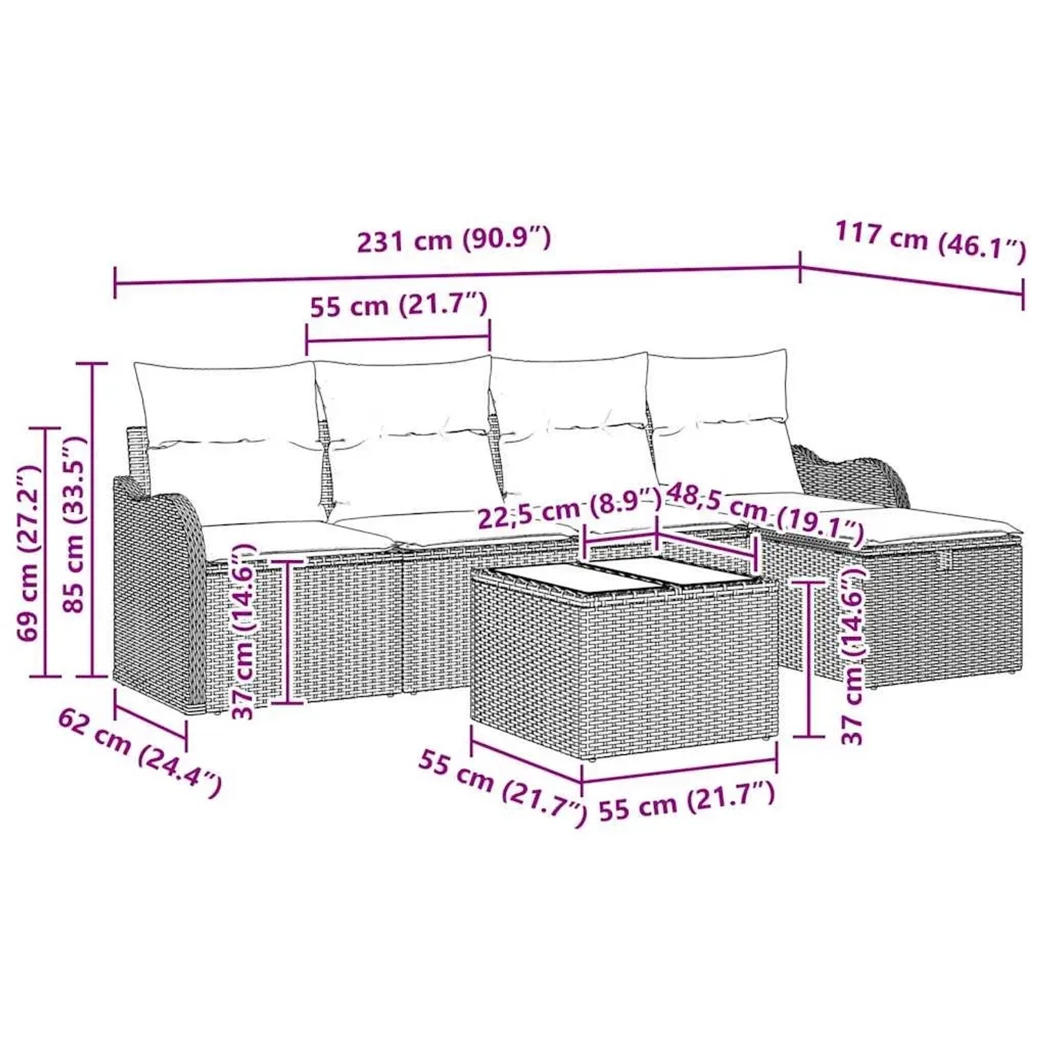 Schwarzes 6-tlg. Garten-Sofa-Set aus Poly Rattan mit Kissen und Tisch, ideal für Terrasse und Garten.