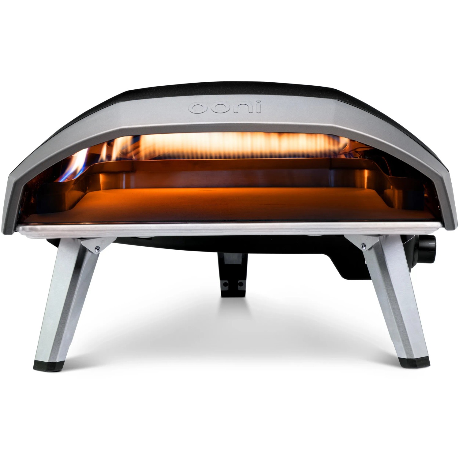 Ooni Koda 16 Gas Pizzaofen, großer Outdoor Pizzaofen mit Gasbetrieb und silbernem Gehäuse.