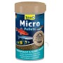 Tetra Micro Pellets Fischfutter-Granulat 100ml. Blauer Behälter mit bunten Zierfischen und braunen Futterpellets.