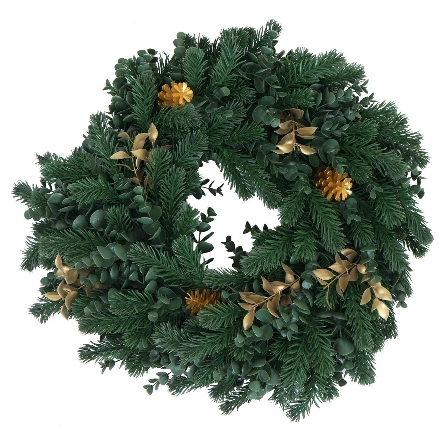 Künstlicher Weihnachtskranz Ø 45cm aus grünen Tannenzweigen und Eukalyptus mit goldfarbenen Zapfen und Blättern.