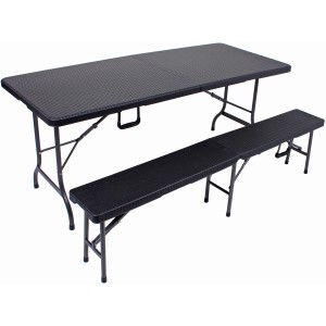 Schwarzes 3-teiliges Balkonmöbel-Set: Tisch und zwei Bänke in Rattanoptik, klappbar.