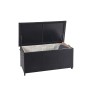 Schwarze Poly-Rattan Kissenbox (170l) mit geöffnetem Deckel. Aufbewahrungsbox für Gartenmöbel.