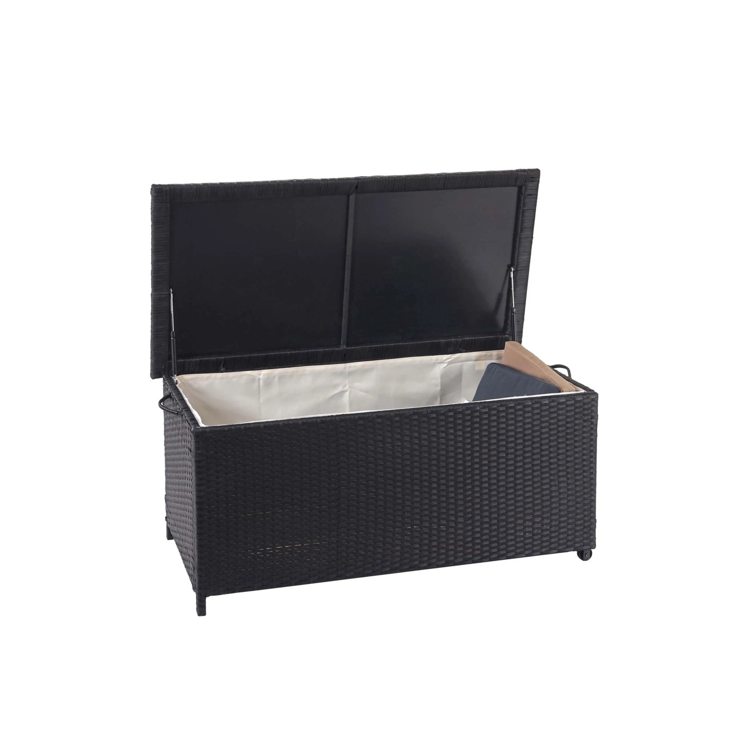 Schwarze Poly-Rattan Kissenbox (170l) mit geöffnetem Deckel. Aufbewahrungsbox für Gartenmöbel.