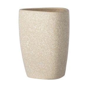 Beiger Wenko Zahnputzbecher Pion aus Keramik, dreieckige Form, moderne Steinoptik für Bad und WC.