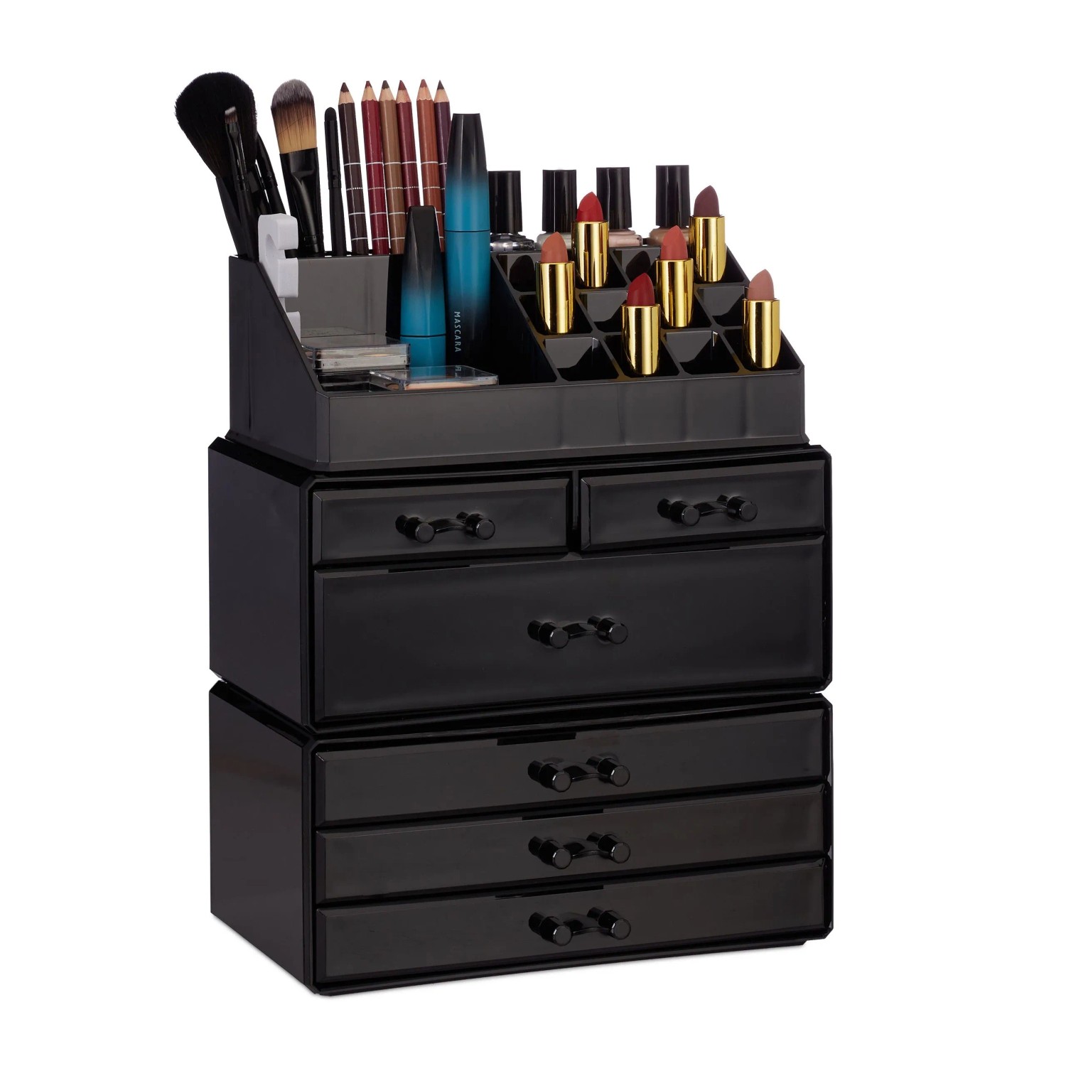 Relaxdays Kosmetikorganizer Acryl Schwarz mit 6 Schubladen Stapelbar 29 cm x 23,5 cm x 14 cm 2 kg