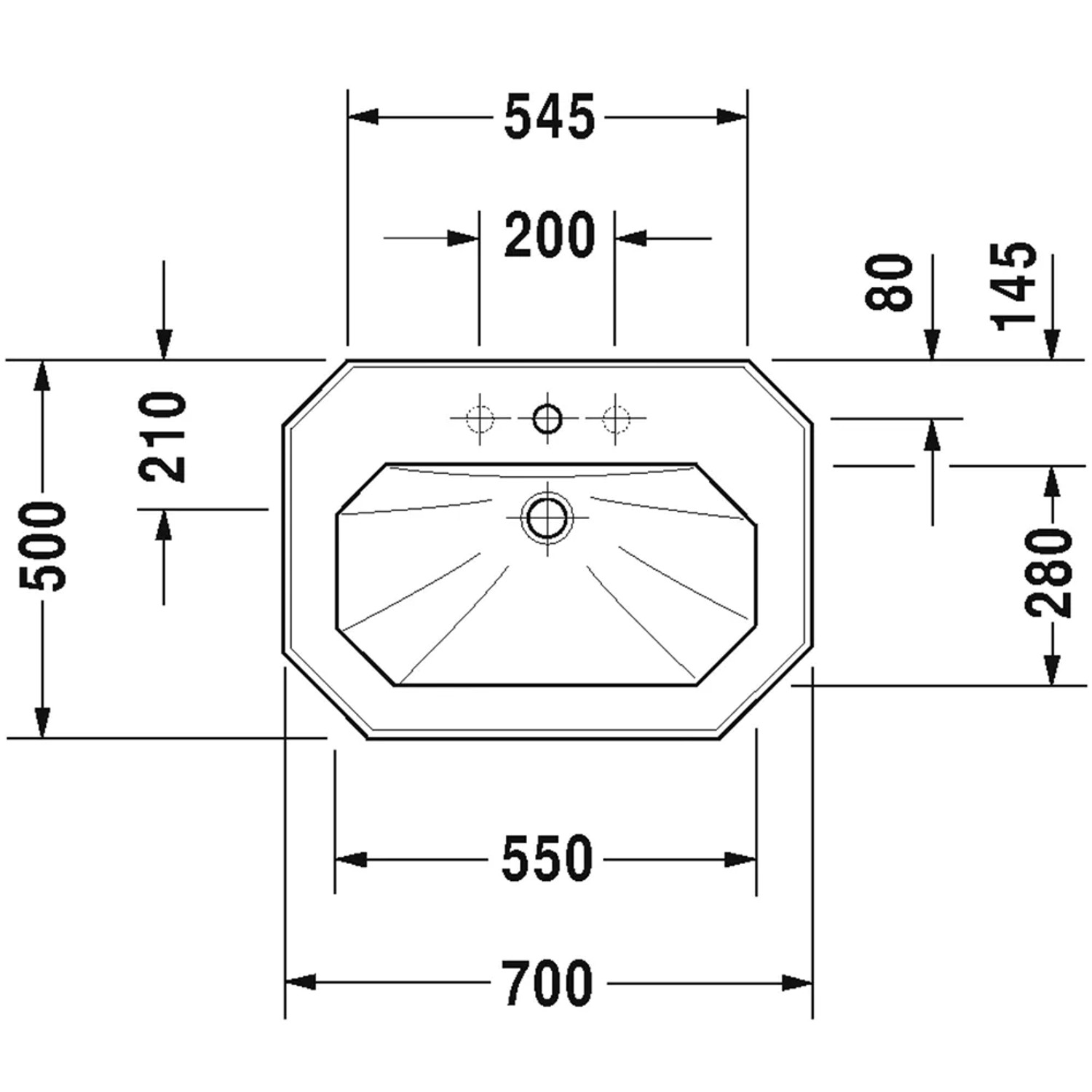 Technische Zeichnung Duravit Waschbecken 1930, 70 cm, weiß, mit Maßen.