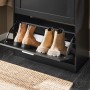 Schwarzer SoBuy Schuhschrank mit zwei Klappen und Schuhen im offenen Fach.