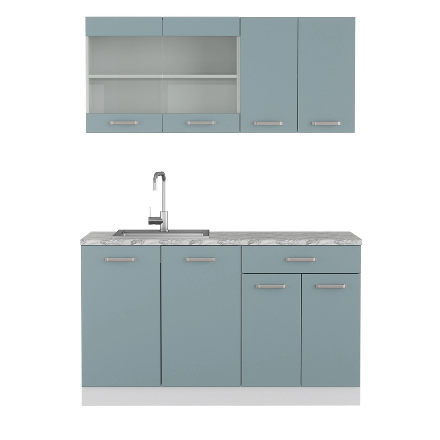 Vicco R-Line Mini-Küche Blau-Grau 140 cm AP Marmor günstig online kaufen