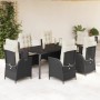 Schwarze 7-tlg. Garten-Essgruppe aus Poly Rattan mit Kissen. Gartenmöbel-Set mit Tisch und verstellbaren Stühlen.