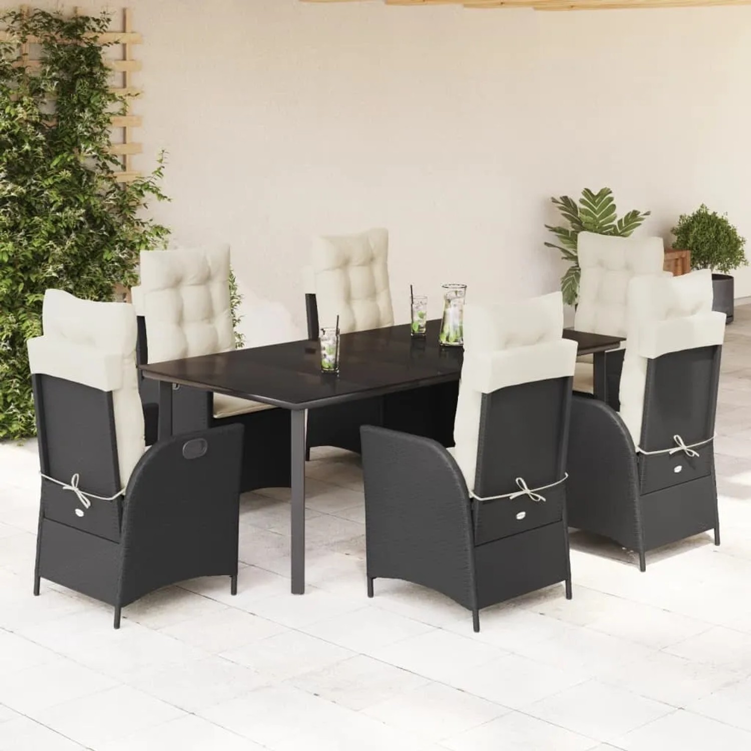 Schwarze 7-tlg. Garten-Essgruppe aus Poly Rattan mit Kissen. Gartenmöbel-Set mit Tisch und verstellbaren Stühlen.