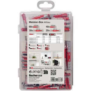 Fischer Meister-Box Altbau mit 150 Dübeln in transparenter Kunststoffbox, sortiert nach Größe.