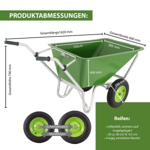 Grüne TRUTZHOLM 2 Rad Schubkarre XL mit Luftrad und Metallfelge, Maße eingezeichnet.