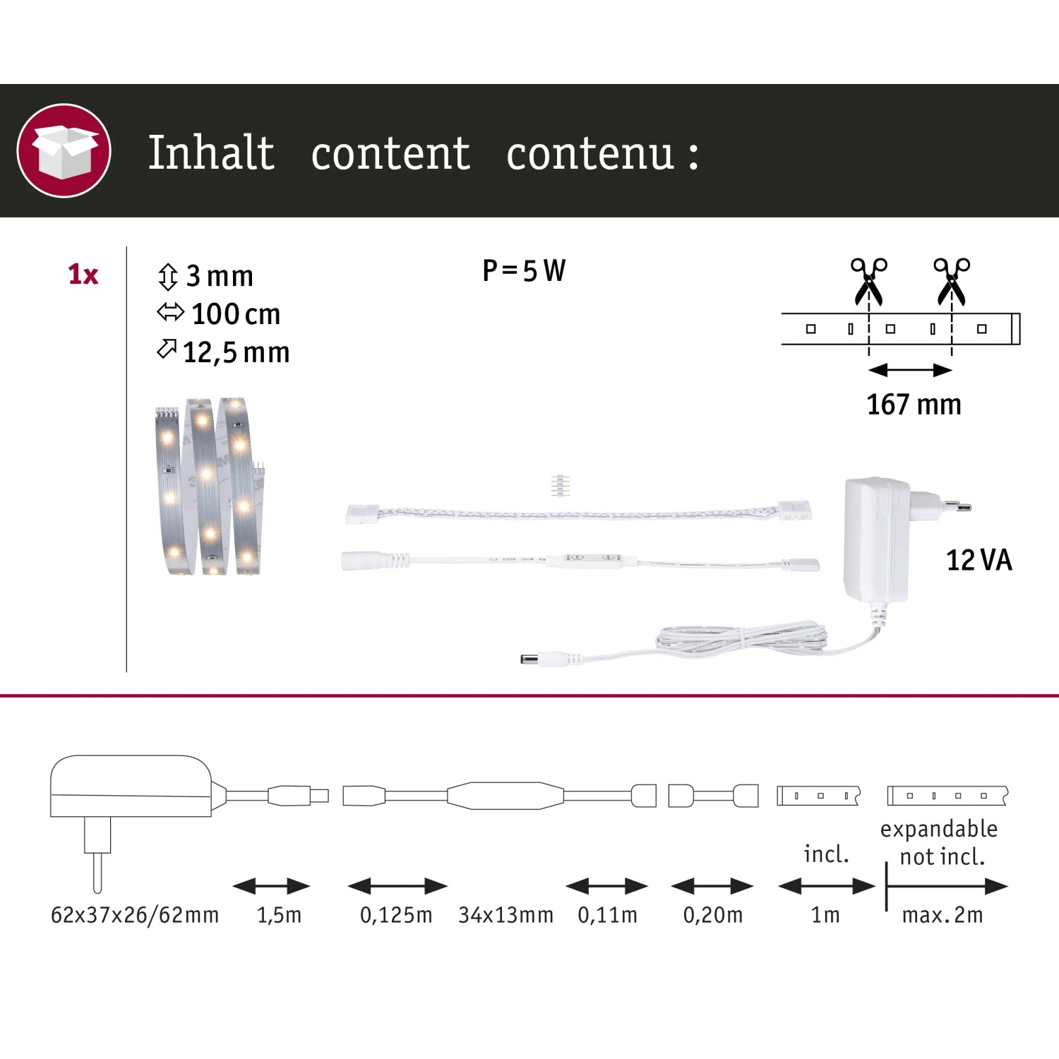 Paulmann MaxLED 250 LED Strip Basis-Set 1m, weiß, für Regalbeleuchtung.