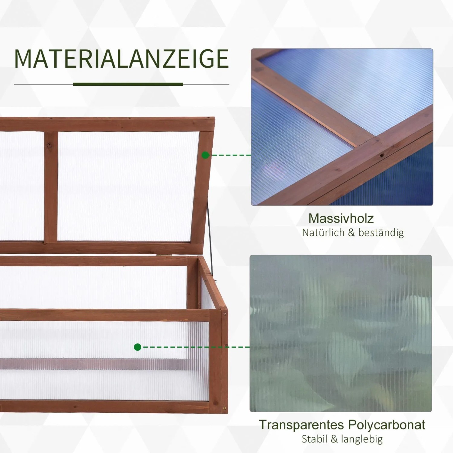 Outsunny Gewächshaus: Detailansicht von braunem Tannenholzrahmen und transparenten Polycarbonatplatten. Winterfester Schutz.