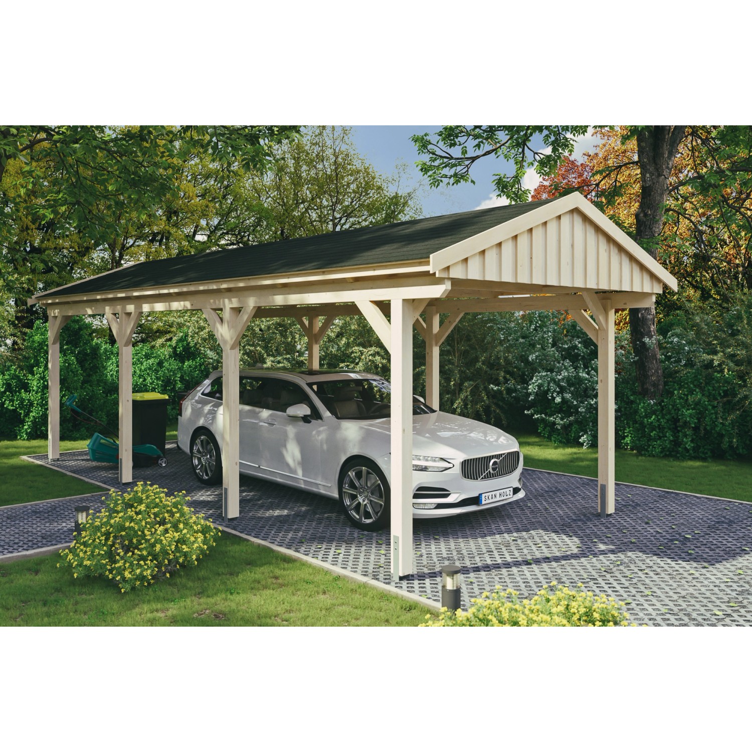 Skan Holz Carport Fichtelberg 317 cm x 808 cm Schwarze Schindeln Natur