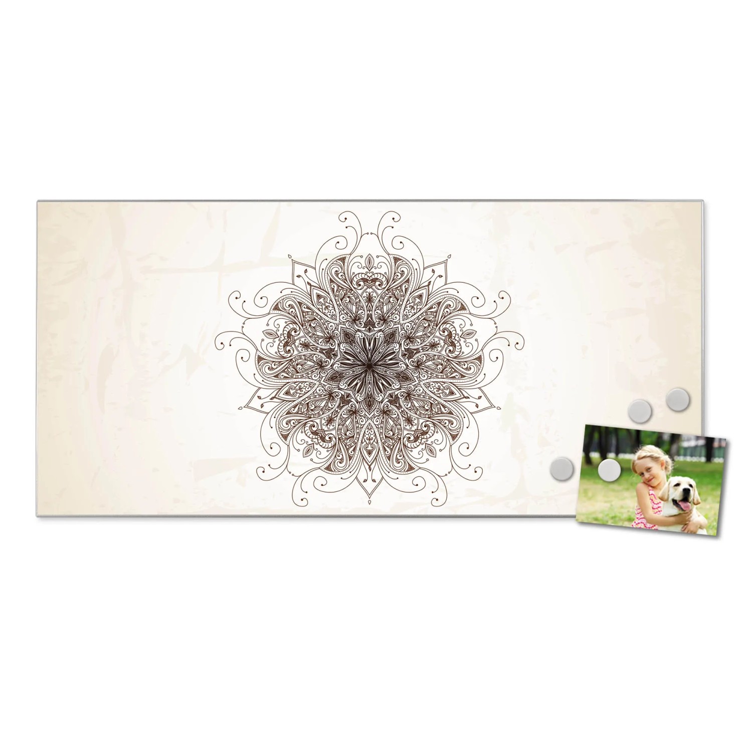 Silberne Magnettafel 78x37cm mit Mehendi-Motiv, inklusive Magnete und Foto.