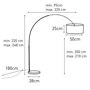 Skizze der Bogenlampe Stahl mit Stoffschirm in Weiß, 50 cm XXL, mit Maßangaben.