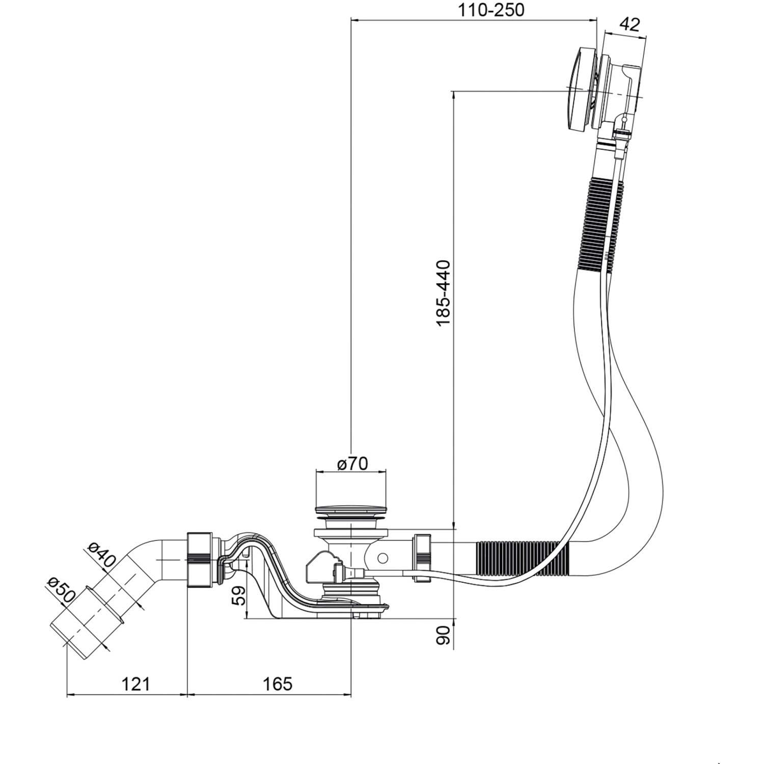 Skizze einer Ab- und Überlaufgarnitur für Eckwannen, Chrom, mit Maßangaben.