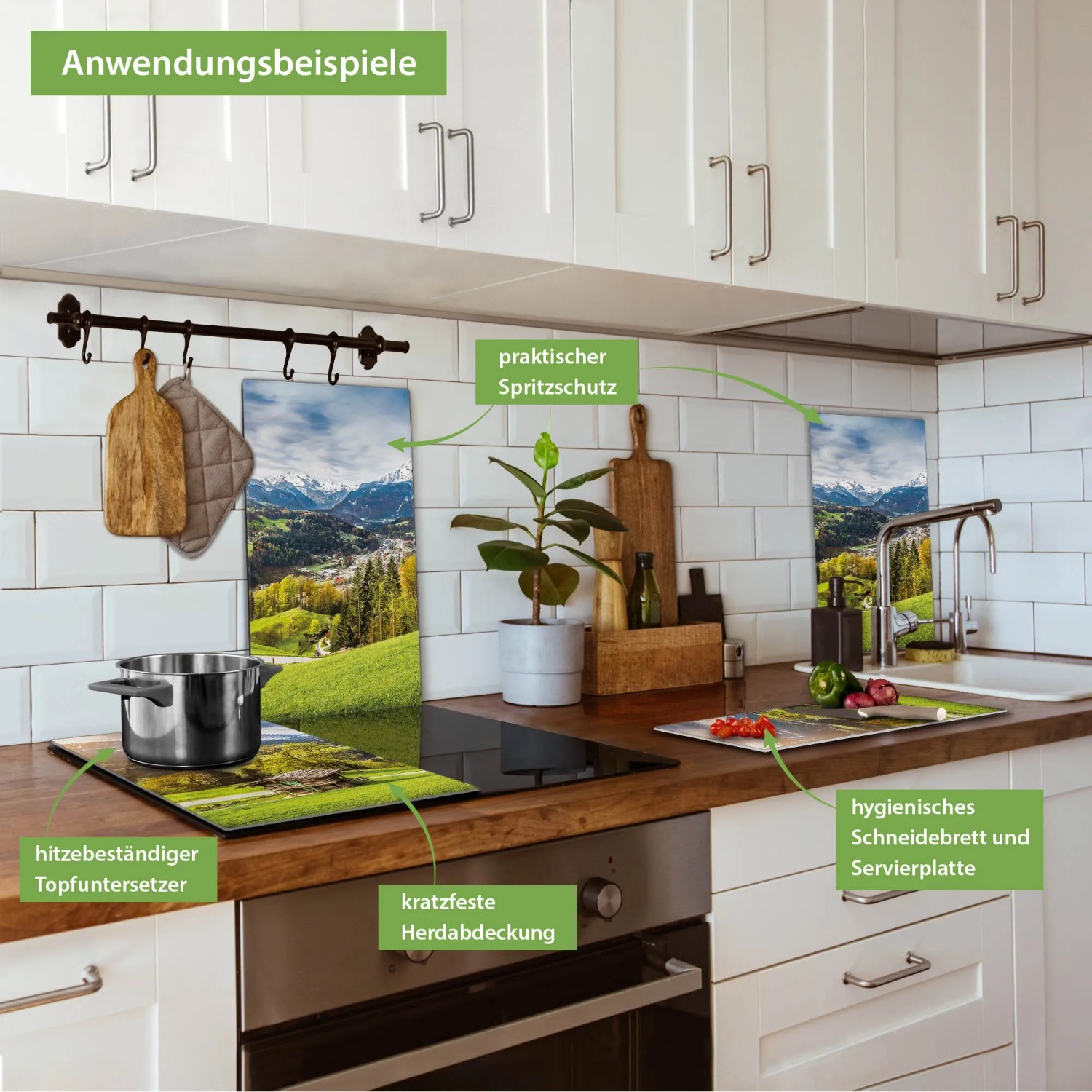 Banjado 2-teilige Herdabdeckplatte aus Glas mit Berchtesgadener Land Motiv als Schneidebrett und Spritzschutz.