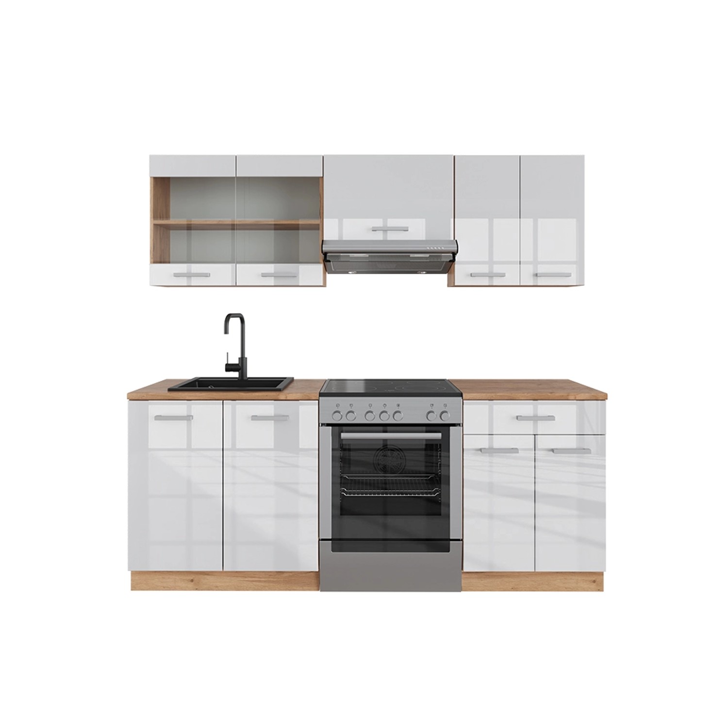 Vicco R-Line Küchenzeile Weiß Hochglanz/Goldkraft Eiche 200 cm AP Eiche günstig online kaufen