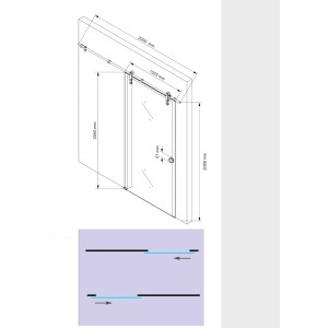 Technische Zeichnung einer Glasschiebetür Hagen, mit Maßen und Details zur Montage.