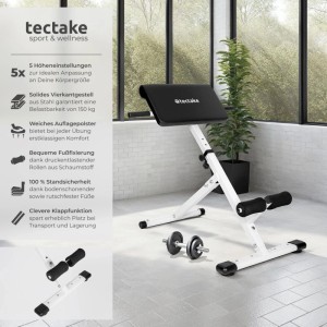 Tectake Hyperextension Bank, Rückenstrecker und Bauchtrainer, weiß/schwarz, mit Hantel im Hintergrund.