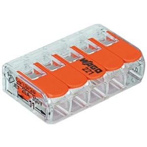 WAGO 221 Verbindungsklemme mit Hebel, transparent/orange, für elektrische Leitungen und Elektroinstallation.