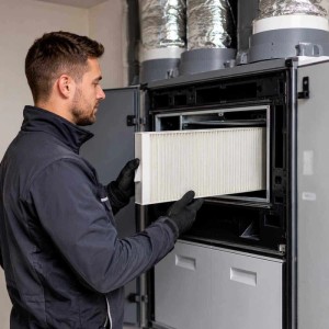 Mann setzt weißen AIR2GO G4 Filter in Vaillant RecoVAIR Lüftungsanlage ein. Einfacher Filterwechsel für saubere Luft.