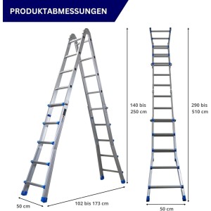 Silberne PROREGAL APOLLO 3-in-1 Aluminium-Mehrzweckleiter als Steh- und Anlegeleiter mit Produktmaßen. 4x5 Sprossen, bis 5m Höhe, 150kg.