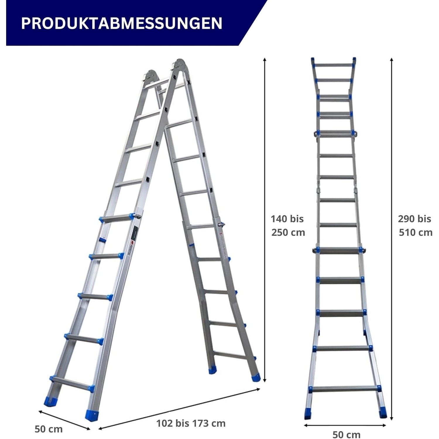 PROREGAL Sprossen-Mehrzweckleiter APOLLO 3-In-1 Aluminiumleiter 4x5 Sprossen Bis Zu 5 M Höhe 150 kg Traglast Silber Klappleiter Stehleiter_3