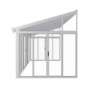 Weißer Juskys Wintergarten 292x548x312 cm mit Schiebetüren und transparenten Polycarbonat Wänden.