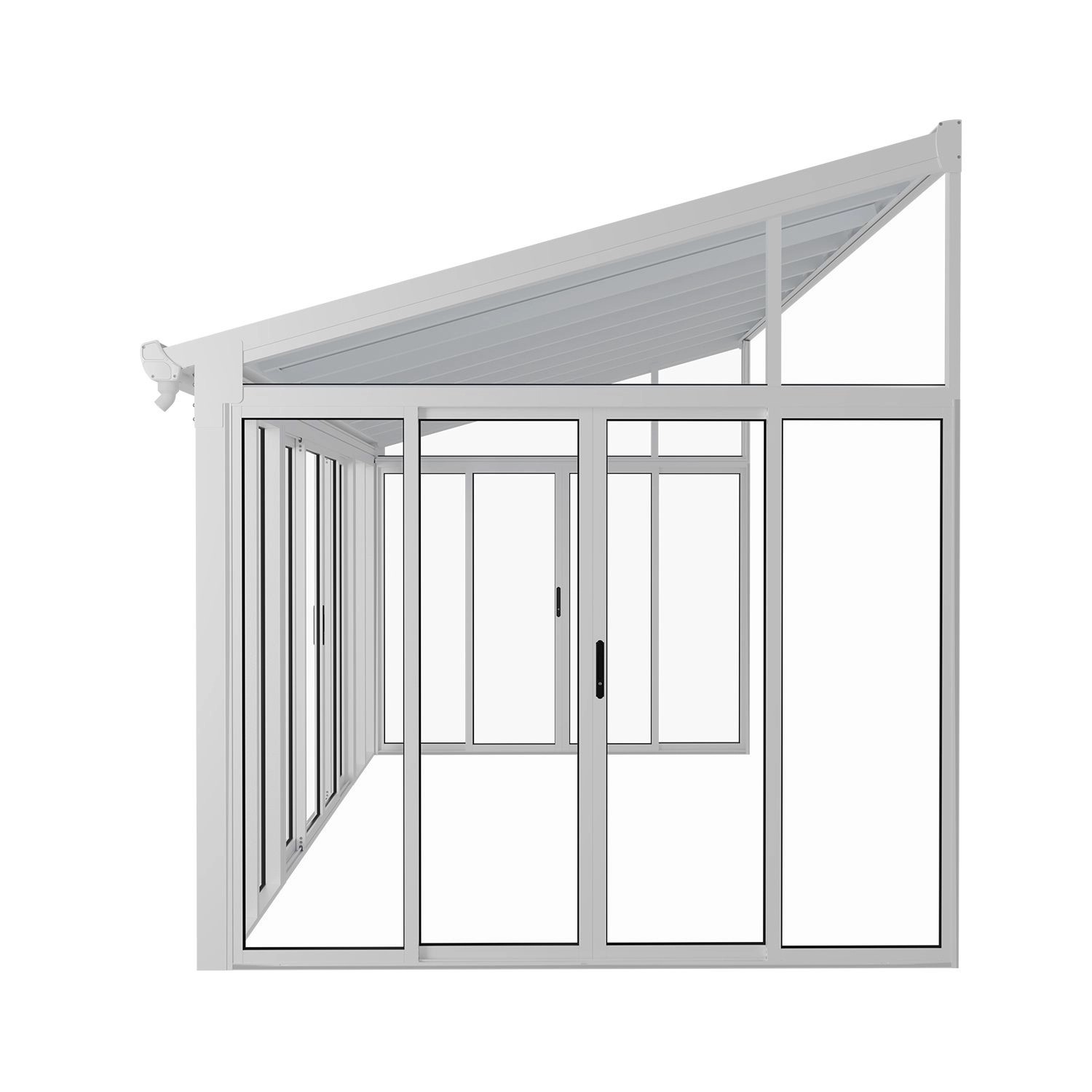 Weißer Juskys Wintergarten 292x548x312 cm mit Schiebetüren und transparenten Polycarbonat Wänden.