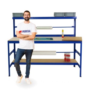 Blauer PROREGAL Packtisch Tiger 150x180x75 cm mit Ablagefächern und Rollenleisten, Tragkraft 300 kg.
