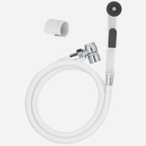 Weißes Waschbeckendusche Set mit Handbrause, 1,5m Schlauch, M24/M22 Adapter und Halterung für Bad & Haustierpflege.
