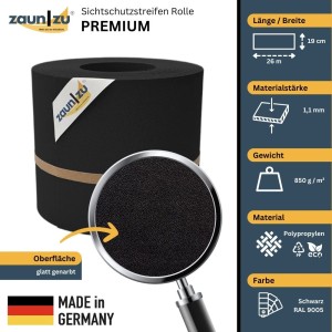 zaunzu Sichtschutz Premium, 26m Rolle, Schwarz für Doppelstabmattenzaun.