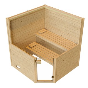Weka Massivholzsauna Valida Eck mit Glastür, ohne Ofen. Naturbelassenes Fichtenholz, zwei Liegen.