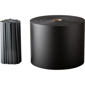 Anthrazitfarbene Noor Sichtschutzstreifen PP-Vlies Rolle und Zaunclips für Doppelstabmatten.