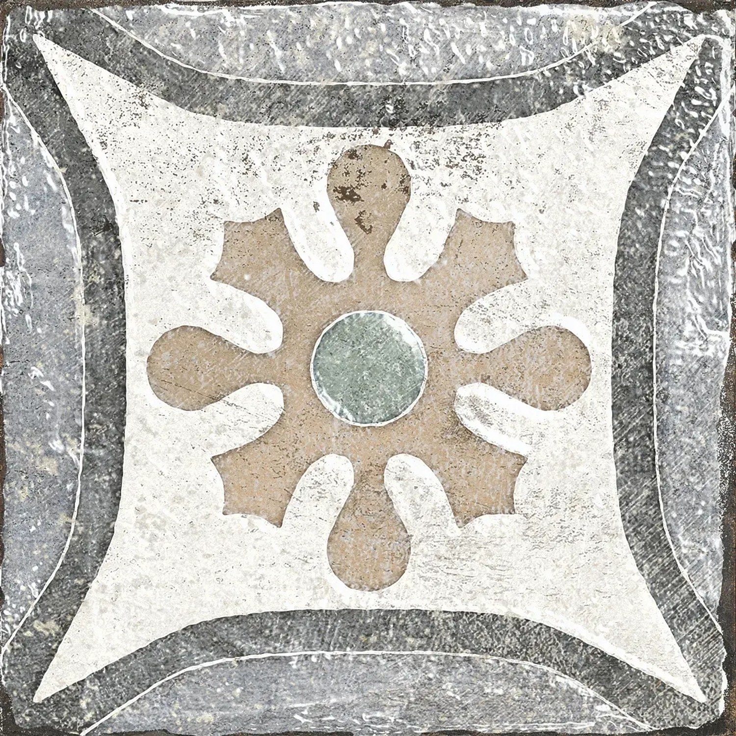 Dekorative, matte Bodenfliese aus Feinsteinzeug, 20x20 cm, mit floralem Muster in Beige, Weiß und Grau.
