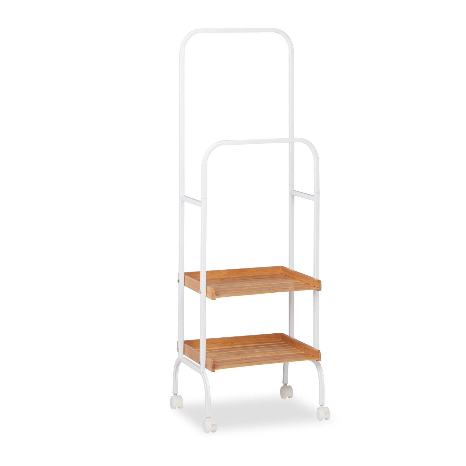 Relaxdays Stummer Diener Stahl Bambus Weiß Natur Fahrbar 129 cm x 42 cm x 32 cm 2,9 kg