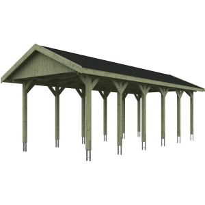 Satteldach-Carport Wallgau mit schwarzen Schindeln, Holzkonstruktion.