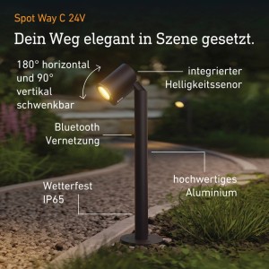 Anthrazitfarbener Steinel LED-Standstrahler Spot Way C 24V mit schwenkbarem Kopf und Helligkeitssensor für Außenbeleuchtung.
