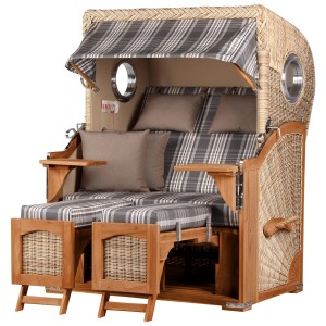 Komplettset: Strandkorb Ammersee aus Teakholz mit Bullauge und grau-weiß gestreiftem Bezug.