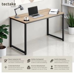 Tectake Schreibtisch Flint im Industrial Style mit Holzplatte in Eiche Sonoma und schwarzem Stahlgestell.