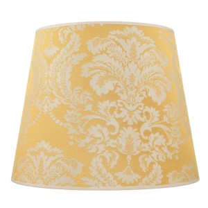 Konischer Lampenschirm für Stehleuchte, goldfarbener Stoff mit Barockmuster, Ø 38 cm.