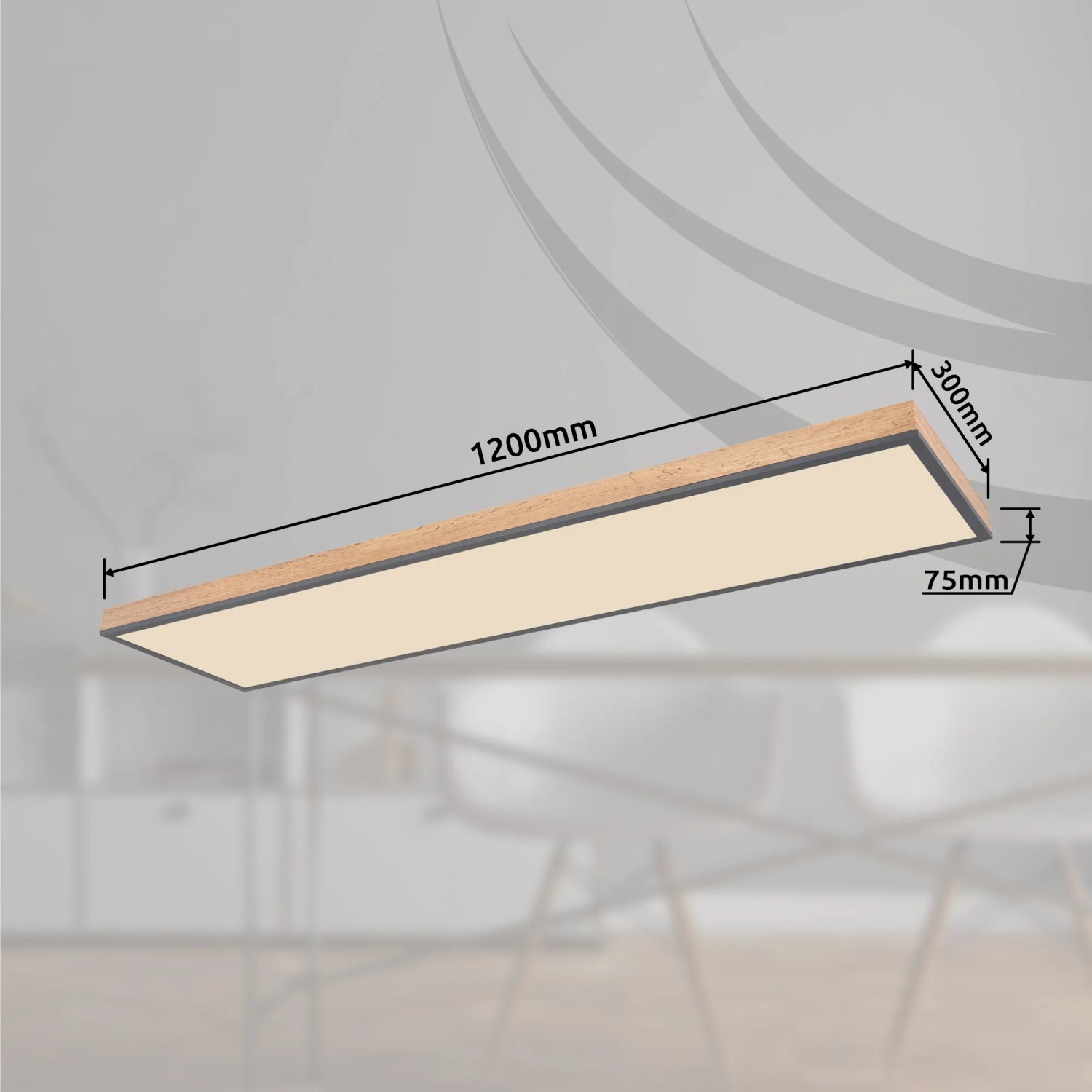 Globo LED-Deckenleuchte Doro, graphitfarben, 1200x300x75mm. Modernes LED-Panel mit Holzoptik.