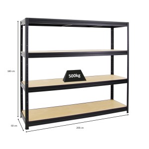 Schwarzes PROREGAL Schwerlastregal Dino, 180x200x60 cm, mit 4 MDF-Fachböden und einer Traglast von 500 kg.