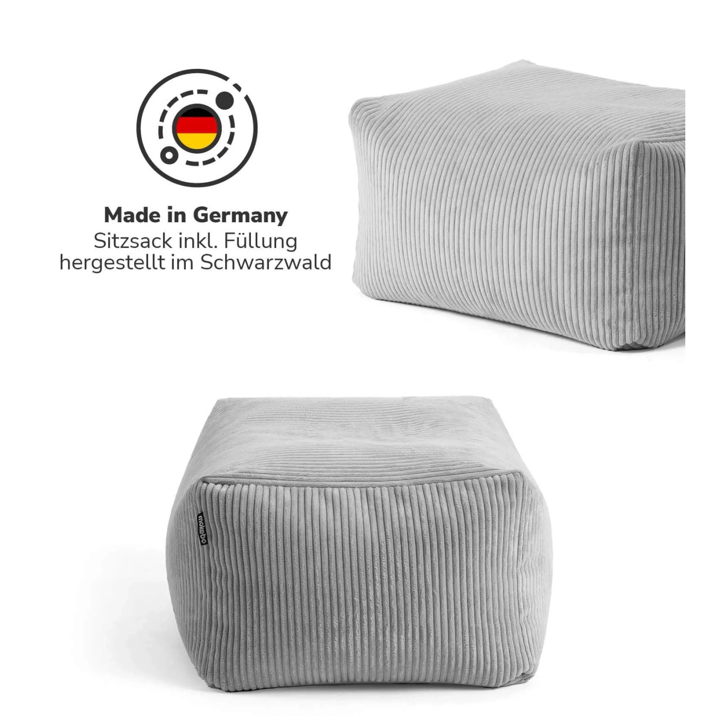 Grauer mokebo Cord Hocker 'Ruhestifter', eckiger Sitzpouf für Wohnzimmer & Schlafzimmer.